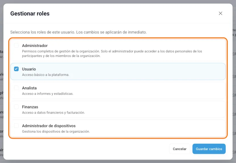 Ventana Gestionar roles con la lista de roles