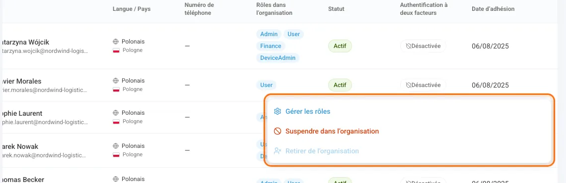 Menu de la ligne avec Gérer les rôles et Suspendre dans l’organisation