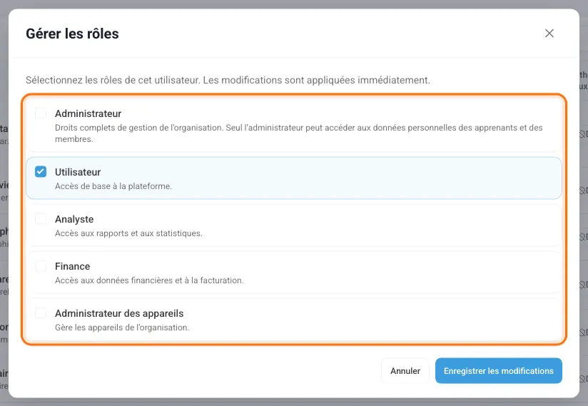 Fenêtre Gérer les rôles avec la liste des rôles