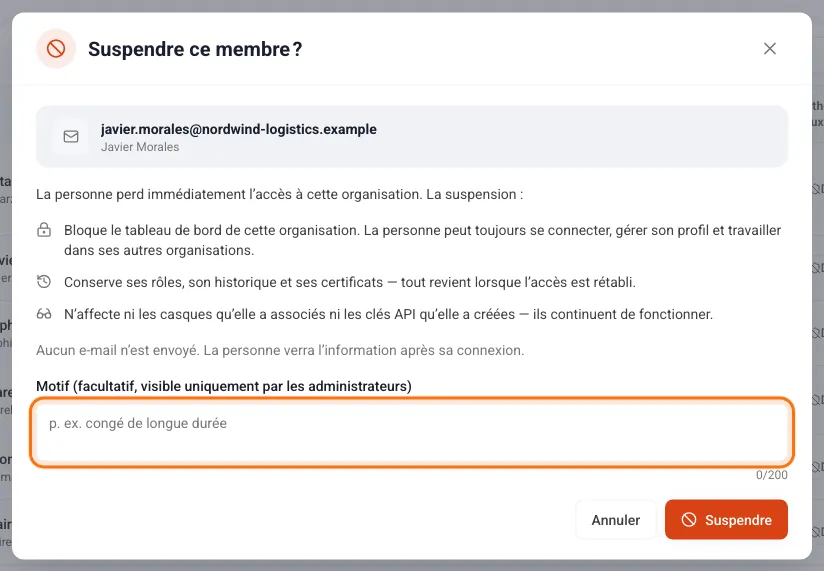 Fenêtre Suspendre ce membre avec les conséquences et un champ de motif
