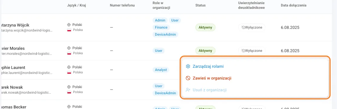 Menu wiersza z opcjami Zarządzaj rolami i Zawieś w organizacji