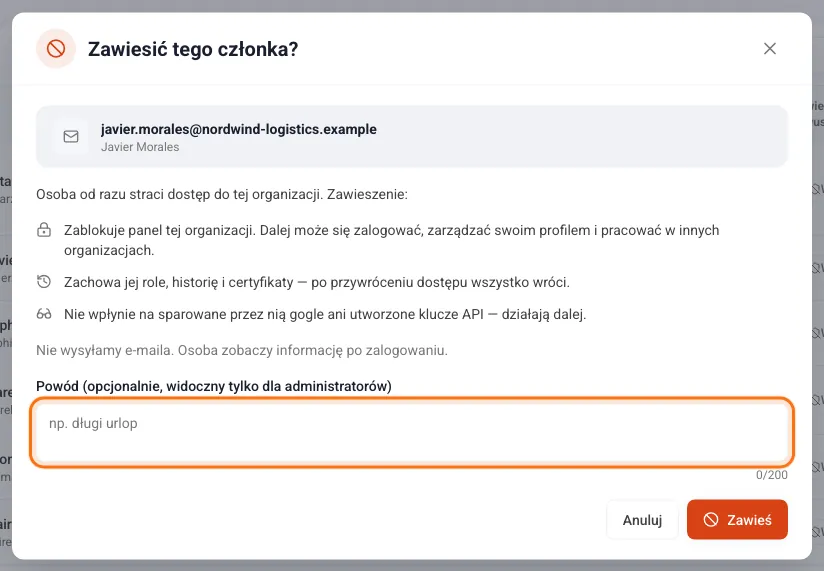 Okno Zawiesić tego członka? ze skutkami i polem na powód