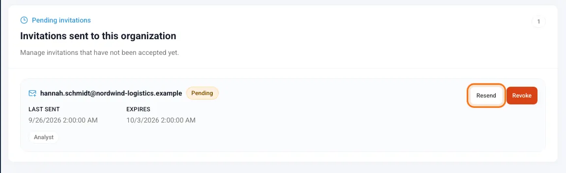 Pending invitations with the Resend and Revoke buttons