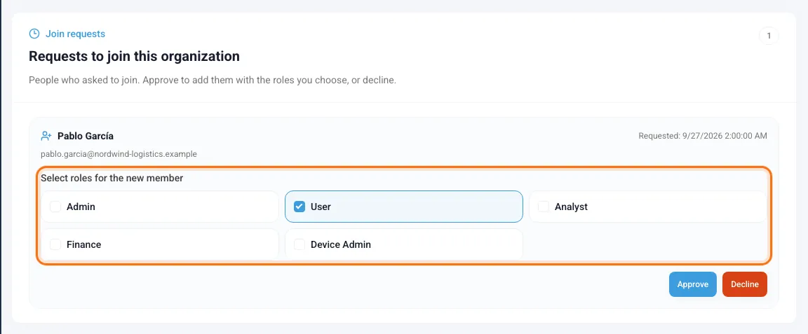 Join request from a person with the list of roles and the Approve and Decline buttons