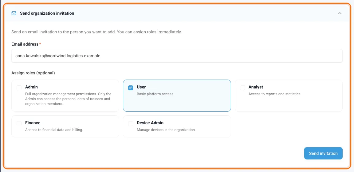 Send organization invitation panel with an email address and roles