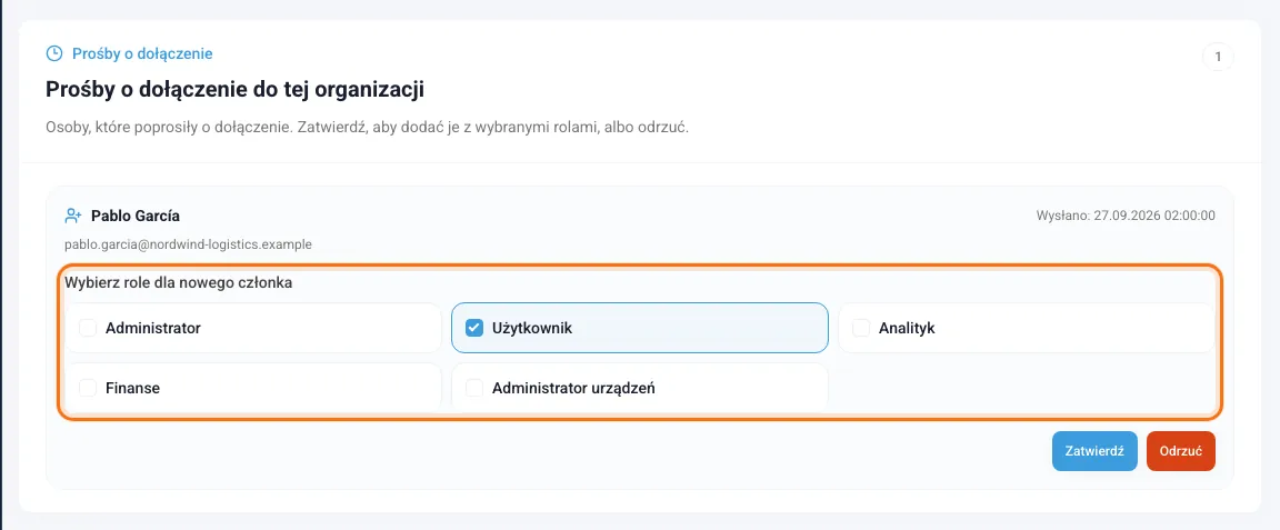 Prośba o dołączenie z listą ról i przyciskami Zatwierdź i Odrzuć